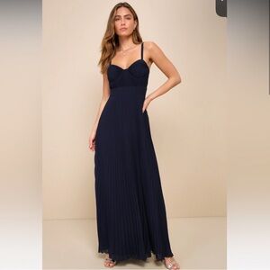Lulu’s Certainly Lovely Navy Blue Pleated Bustier Maxi Dress